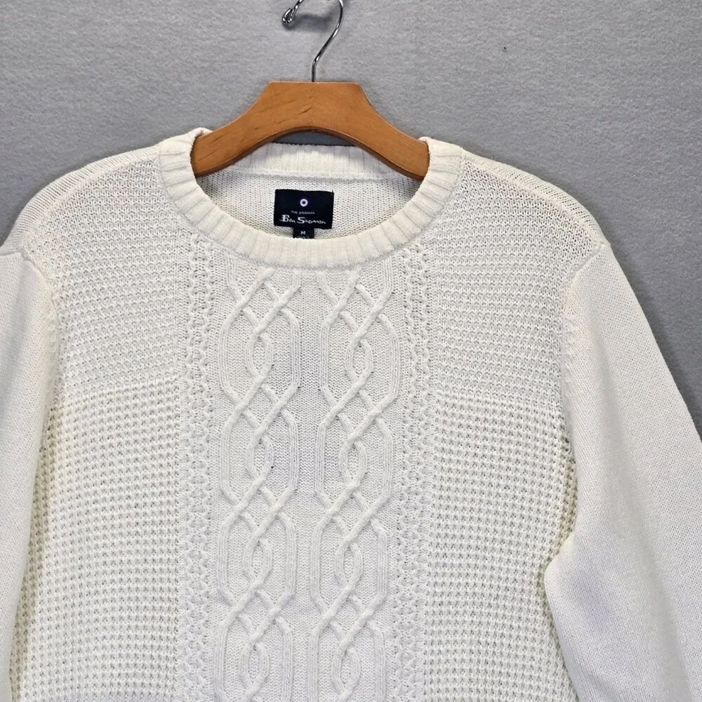 Ben Sherman Cable Knit Ivory Crew Neck Men's Sweater Size Medium